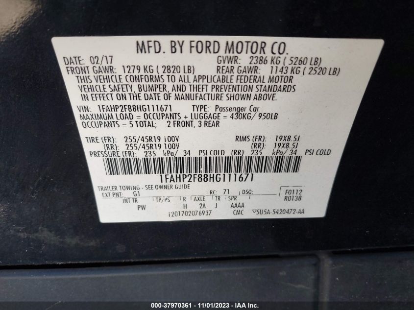 2017 Ford Taurus Limited VIN: 1FAHP2F88HG111671 Lot: 37970361