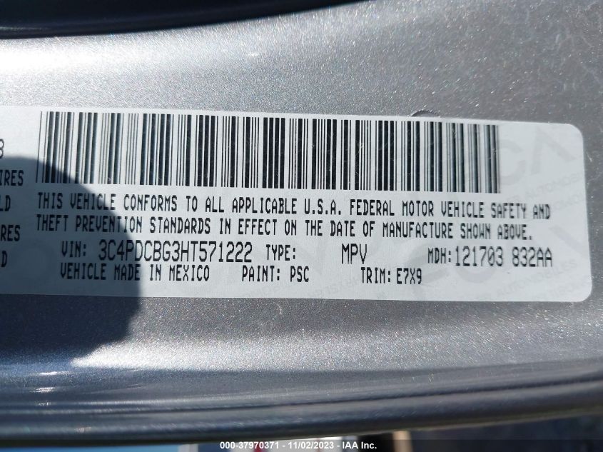 2017 Dodge Journey Sxt VIN: 3C4PDCBG3HT571222 Lot: 37970371