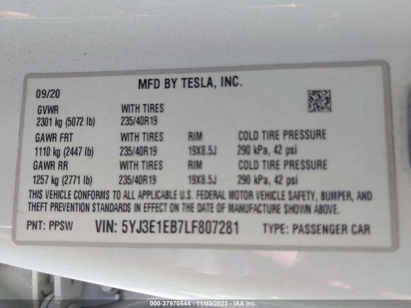 2020 Tesla Model 3 Long Range Dual Motor VIN: 5YJ3E1EB7LF807281 Lot: 37970544