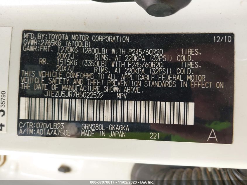 2011 Toyota 4Runner Limited V6 VIN: JTEZU5JR7B5022522 Lot: 37970617