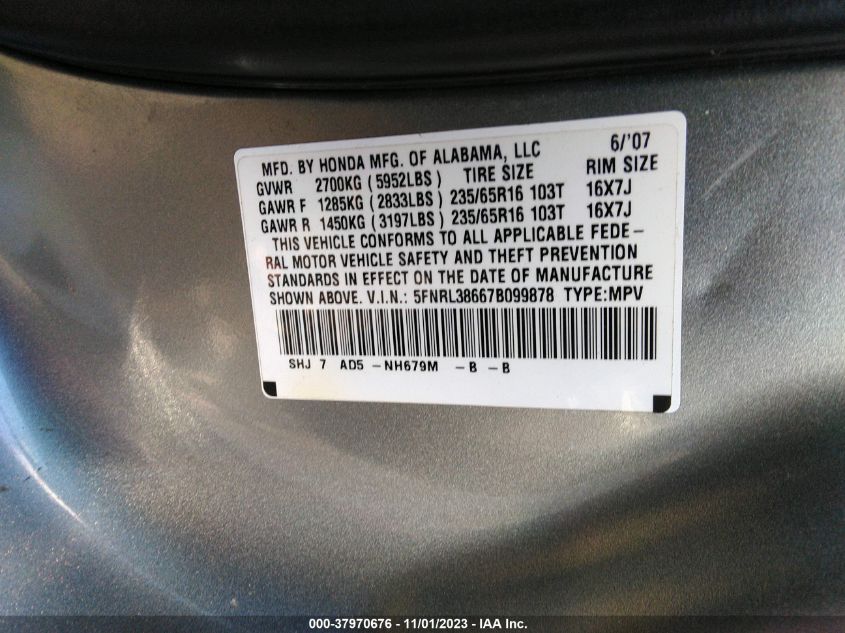 2007 Honda Odyssey Ex-L VIN: 5FNRL38667B099878 Lot: 37970676