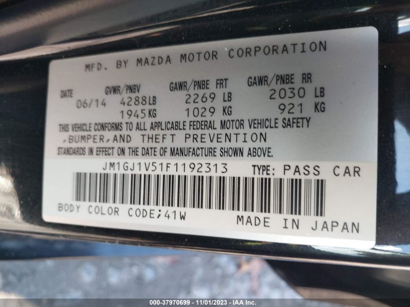 2015 Mazda Mazda6 I Touring VIN: JM1GJ1V51F1192313 Lot: 37970699