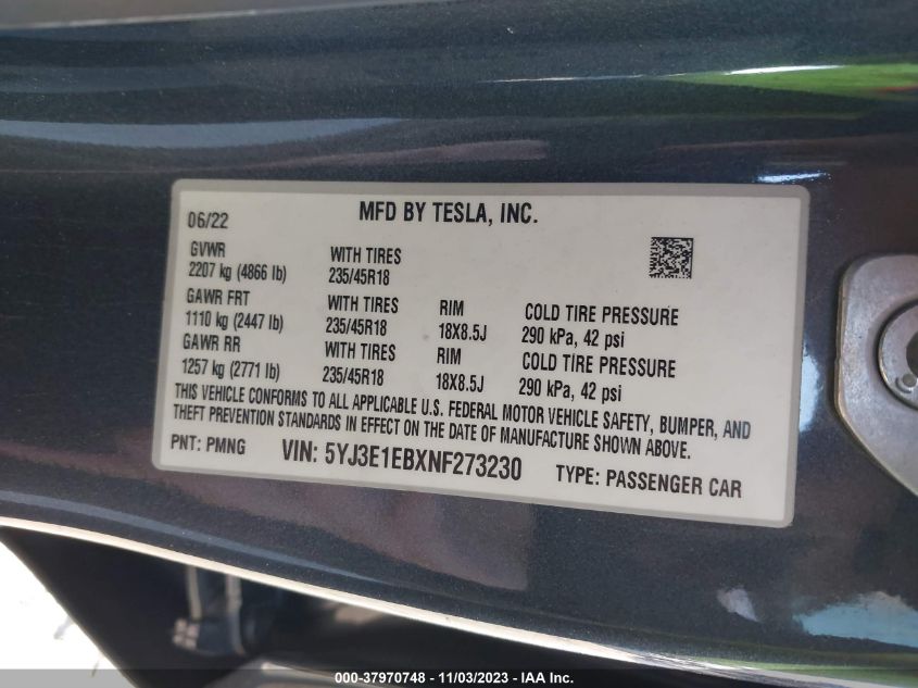 2022 Tesla Model 3 Long Range VIN: 5YJ3E1EBXNF273230 Lot: 37970748