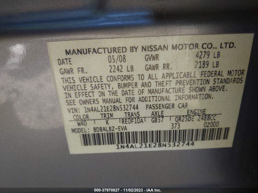 2008 Nissan Altima 2.5 VIN: 1N4AL21E28N532744 Lot: 37970827
