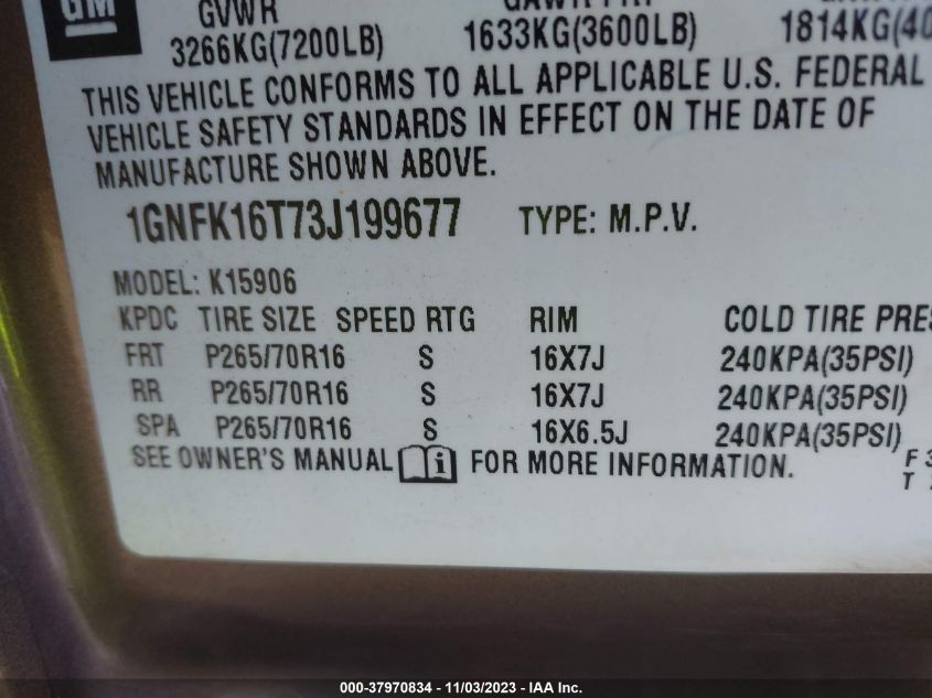 2003 Chevrolet Suburban 1500 Lt VIN: 1GNFK16T73J199677 Lot: 37970834