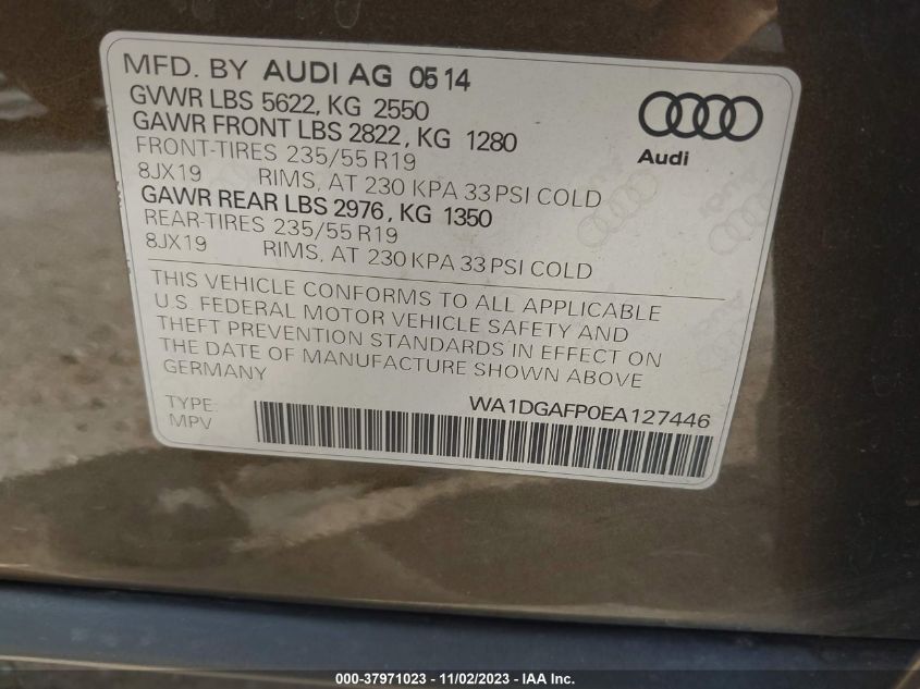 2014 Audi Q5 Premium Plus VIN: WA1DGAFP0EA127446 Lot: 37971023