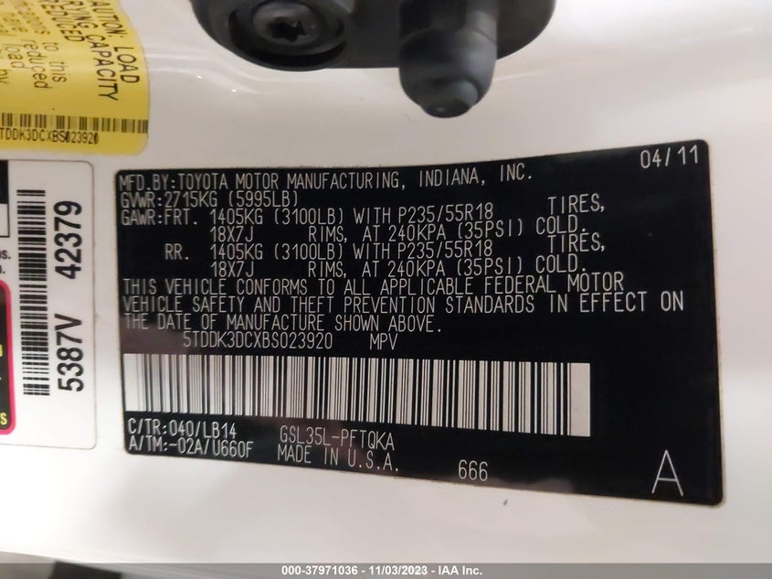 2011 Toyota Sienna Limited/Xle VIN: 5TDDK3DCXBS023920 Lot: 37971036