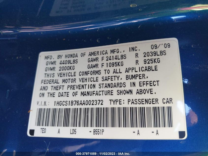 2010 Honda Accord 2.4 Ex VIN: 1HGCS1B76AA002372 Lot: 37971059