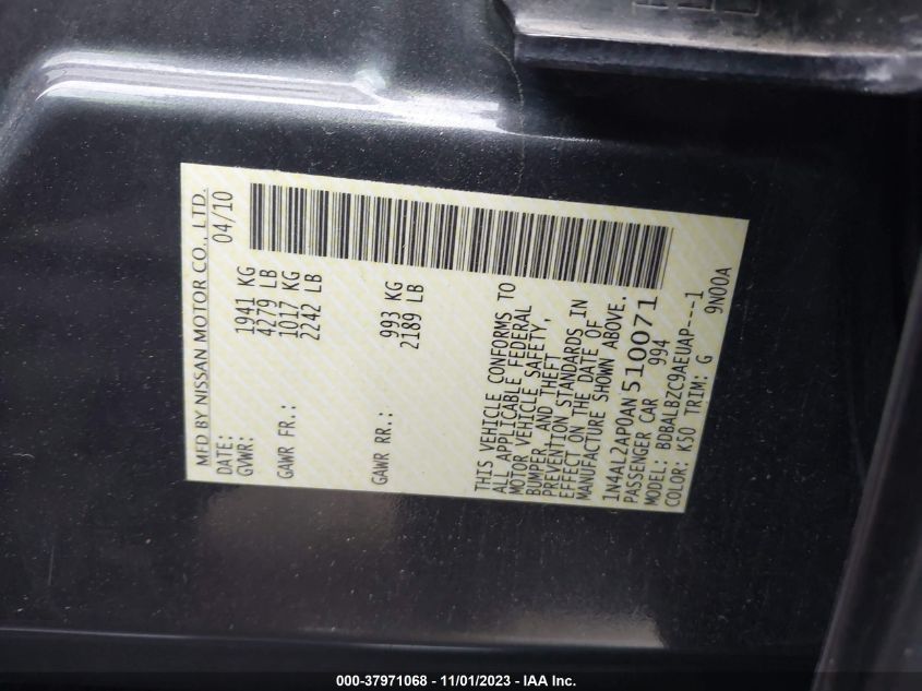 2010 Nissan Altima 2.5 S VIN: 1N4AL2AP0AN510071 Lot: 37971068