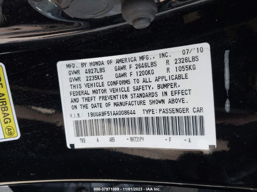 2010 Acura Tl Tech VIN: 19UUA9F51AA008644 Lot: 37971089