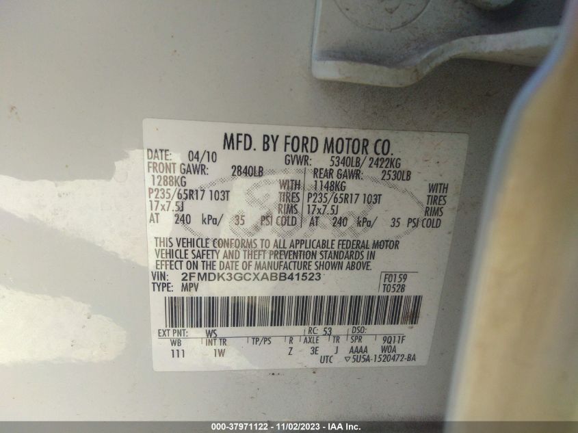 2010 Ford Edge Se VIN: 2FMDK3GCXABB41523 Lot: 37971122