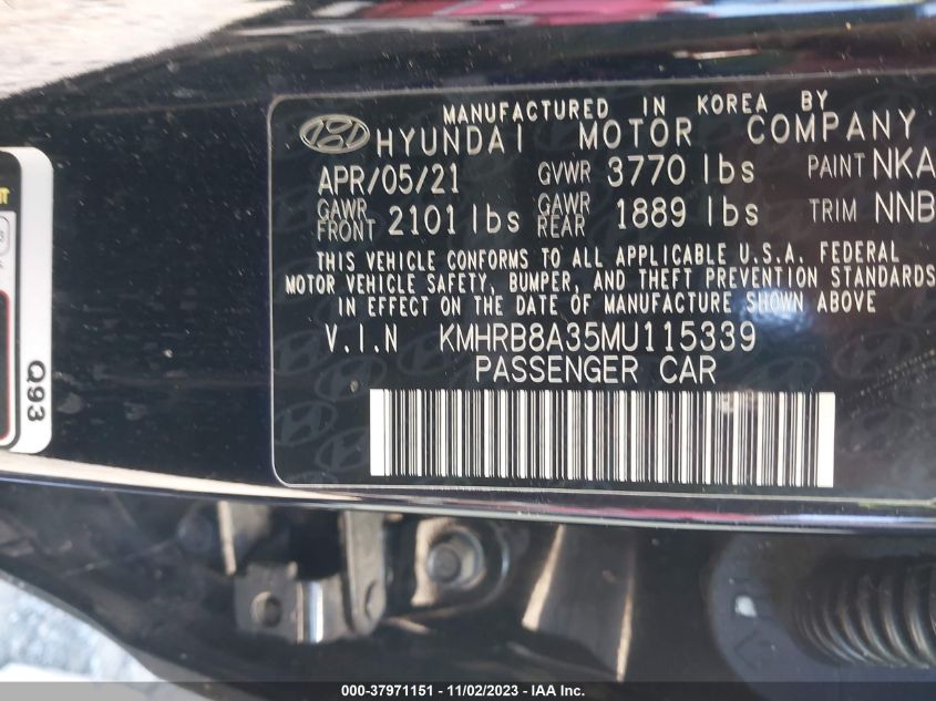 2021 Hyundai Venue Se VIN: KMHRB8A35MU115339 Lot: 37971151