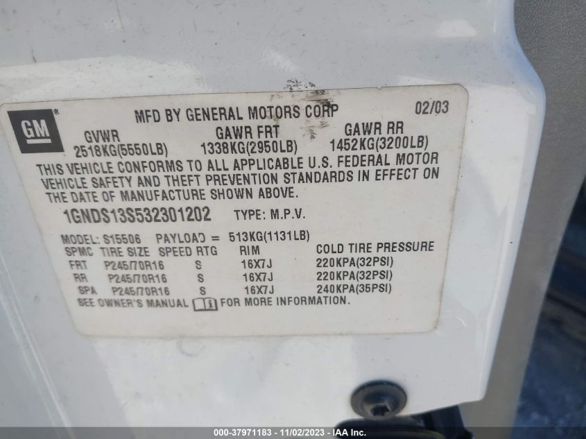 2003 Chevrolet Trailblazer Ls VIN: 1GNDS13S532301202 Lot: 37971183