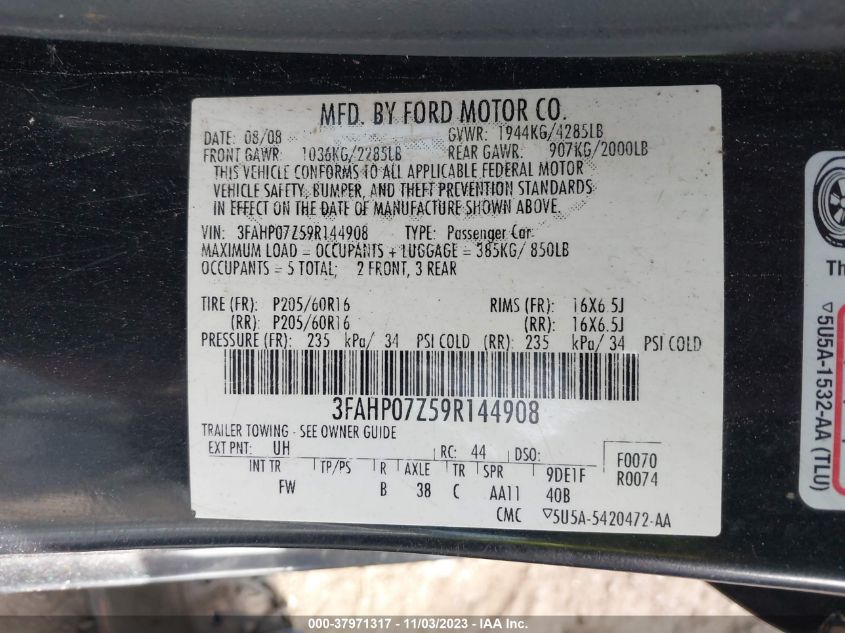 2009 Ford Fusion Se VIN: 3FAHP07Z59R144908 Lot: 37971317