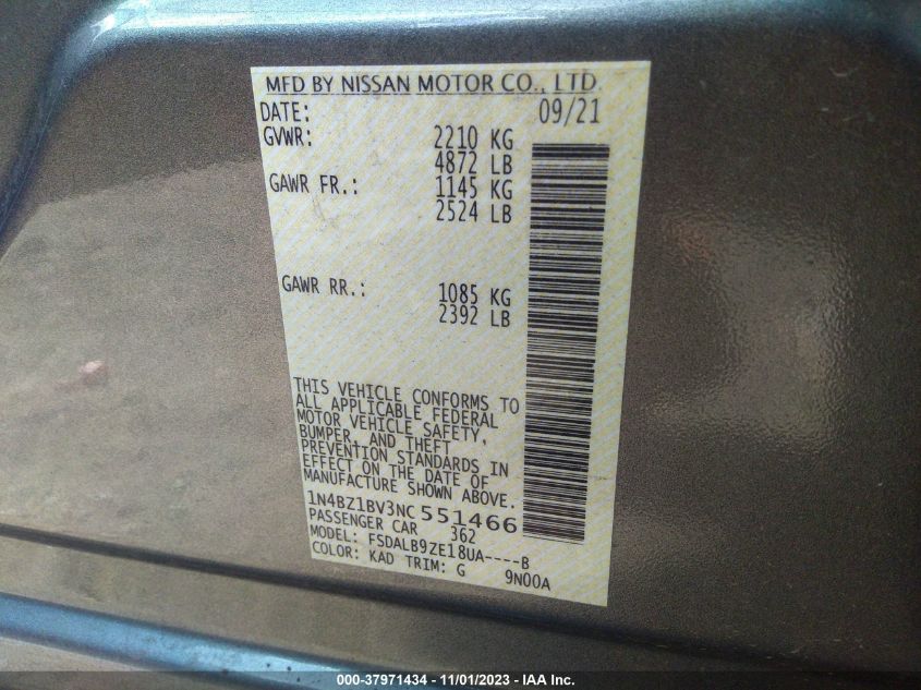 2022 Nissan Leaf S Plus VIN: 1N4BZ1BV3NC551466 Lot: 37971434