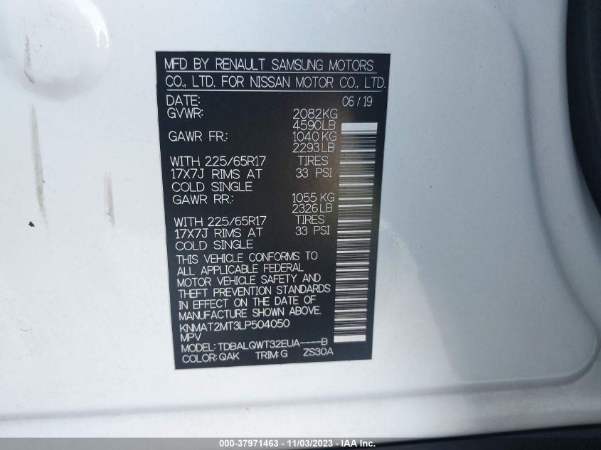 KNMAT2MT3LP504050 2020 Nissan Rogue Sv Fwd