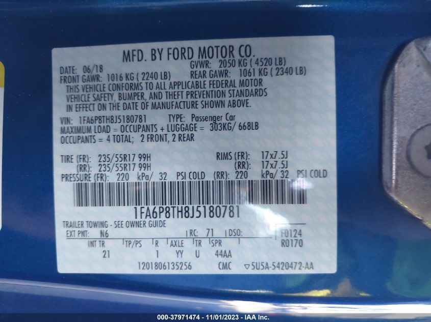 2018 Ford Mustang Ecoboost VIN: 1FA6P8TH8J5180781 Lot: 37971474