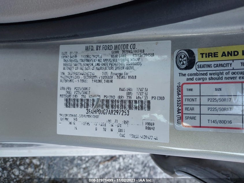 2010 Ford Fusion Sel VIN: 3FAHP0JG7AR297253 Lot: 37971499