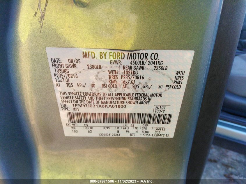 2006 Ford Escape Xlt/Xlt Sport VIN: 1FMYU031X6KA61800 Lot: 37971506