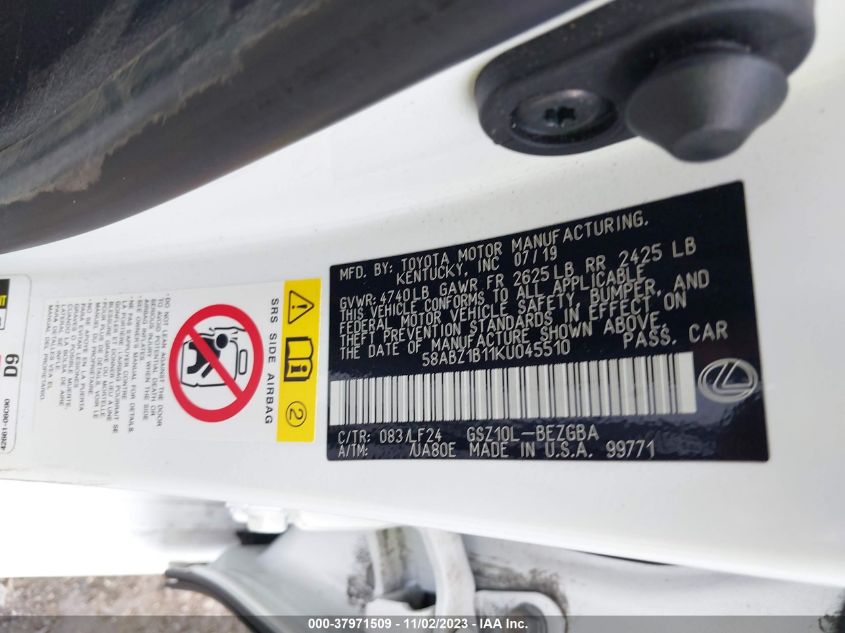 2019 Lexus Es 350 F Sport VIN: 58ABZ1B11KU045510 Lot: 37971509