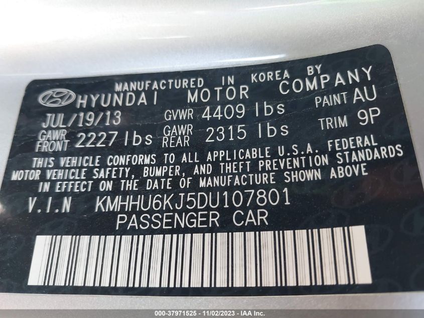 2013 Hyundai Genesis 3.8 Track VIN: KMHHU6KJ5DU107801 Lot: 37971525