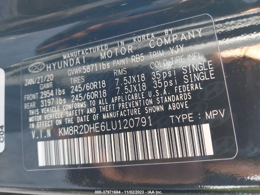 2020 Hyundai Palisade Sel VIN: KM8R2DHE6LU120791 Lot: 37971684