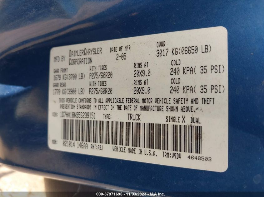 2005 Dodge Ram 1500 Slt VIN: 1D7HA18N95S239151 Lot: 37971695
