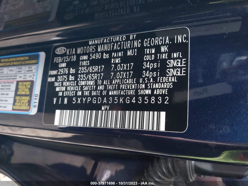 2019 Kia Sorento Lx VIN: 5XYPGDA35KG435832 Lot: 37971698