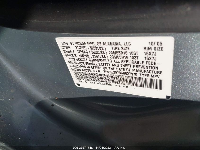 2006 Honda Odyssey Ex-L VIN: 5FNRL38796B027970 Lot: 37971746