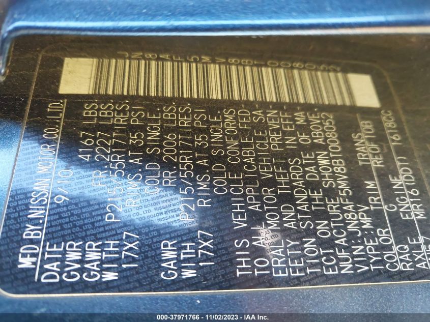 2011 Nissan Juke Sv VIN: JN8AF5MV8BT008052 Lot: 37971766