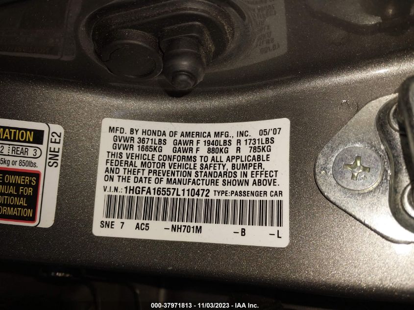 2007 Honda Civic Lx VIN: 1HGFA16557L110472 Lot: 37971813