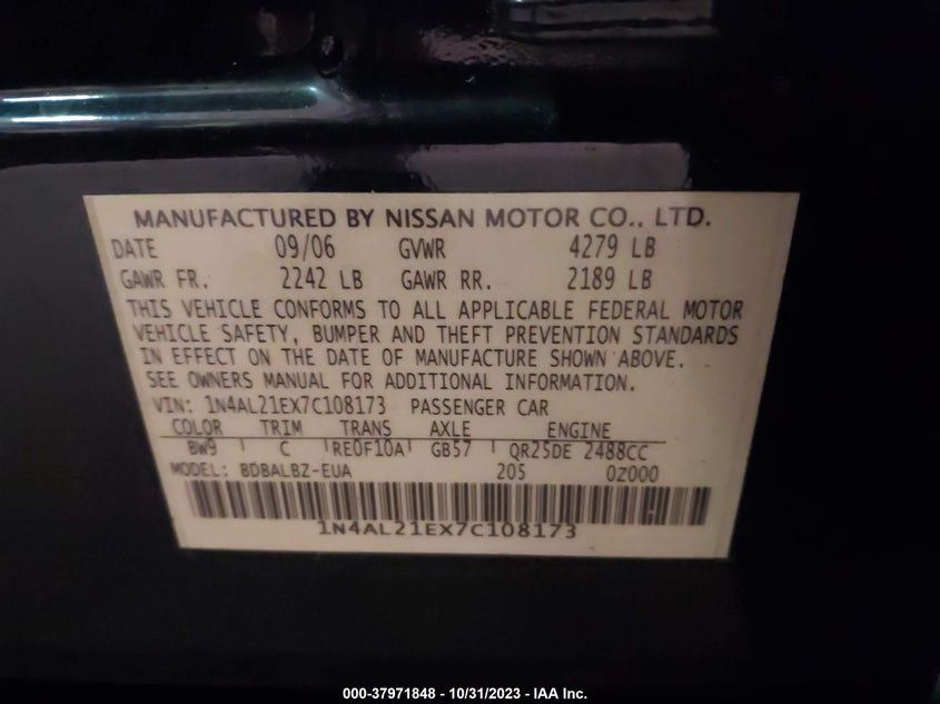 2007 Nissan Altima 2.5/2.5S VIN: 1N4AL21EX7C108173 Lot: 37971848