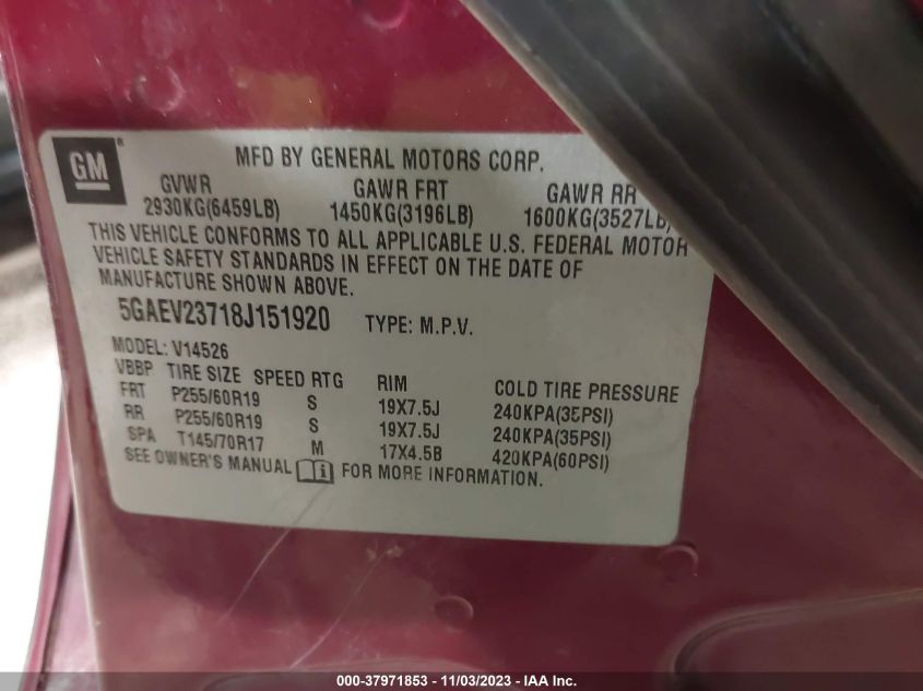 2008 Buick Enclave Cxl VIN: 5GAEV23718J151920 Lot: 37971853