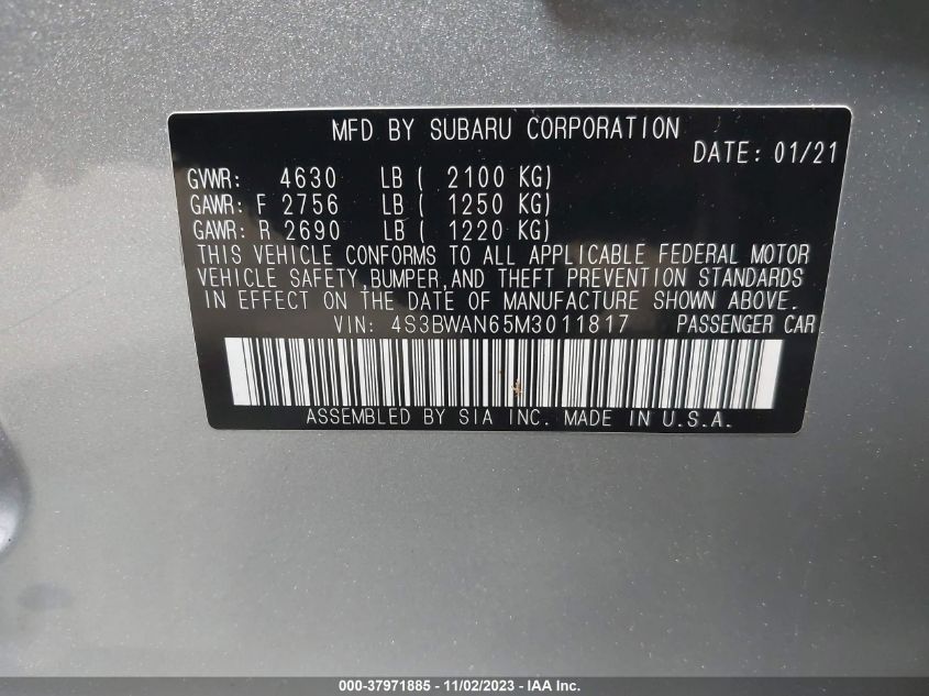 2021 Subaru Legacy Limited VIN: 4S3BWAN65M3011817 Lot: 37971885
