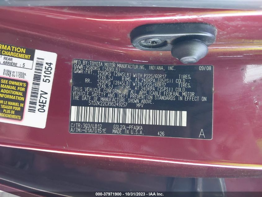 2009 Toyota Sienna Xle VIN: 5TDZK22CX9S249257 Lot: 37971900