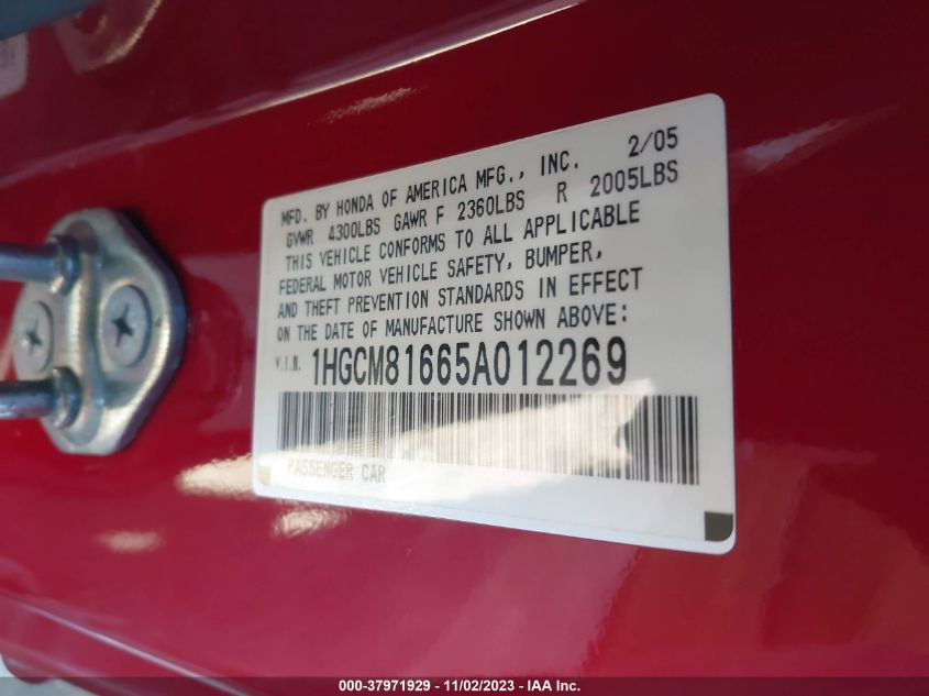 2005 Honda Accord 3.0 Ex VIN: 1HGCM81665A012269 Lot: 37971929