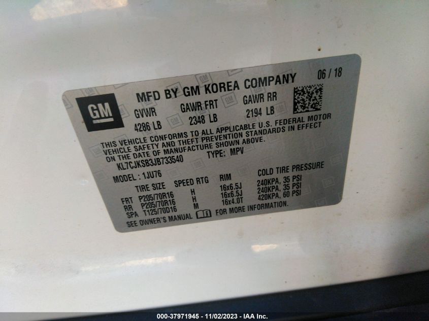 2018 Chevrolet Trax Ls VIN: KL7CJKSB3JB733540 Lot: 37971945