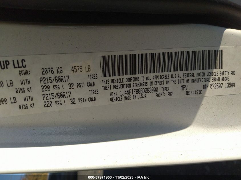 2011 Jeep Compass Latitude VIN: 1J4NF1FB8BD283000 Lot: 37971950