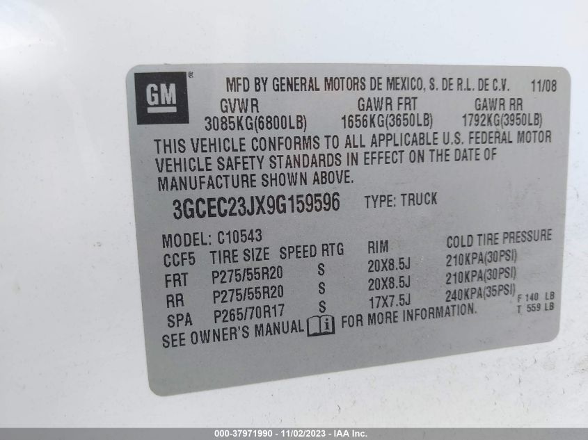 2009 Chevrolet Silverado 1500 Lt VIN: 3GCEC23JX9G159596 Lot: 37971990