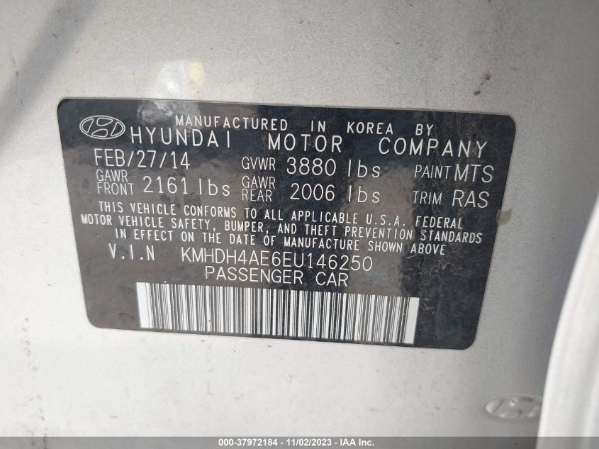 2014 Hyundai Elantra Se (Ulsan Plant) VIN: KMHDH4AE6EU146250 Lot: 37972184