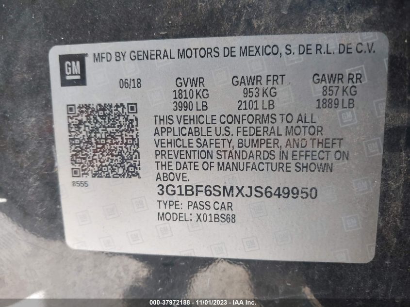 2018 Chevrolet Cruze Premier Auto VIN: 3G1BF6SMXJS649950 Lot: 37972188