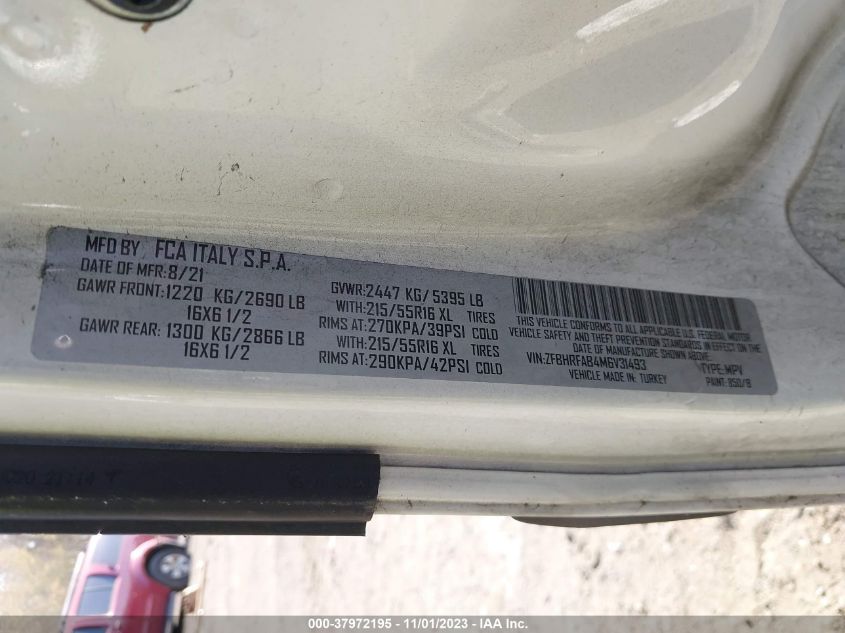 2021 Ram Promaster City Tradesman VIN: ZFBHRFAB4M6V31493 Lot: 37972195