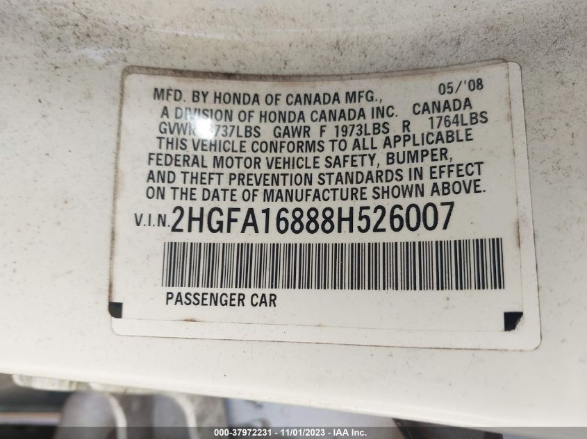 2008 Honda Civic Ex VIN: 2HGFA16888H526007 Lot: 37972231