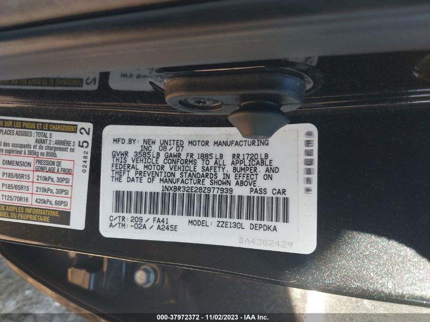 2008 Toyota Corolla Ce VIN: 1NXBR32E28Z977939 Lot: 37972372