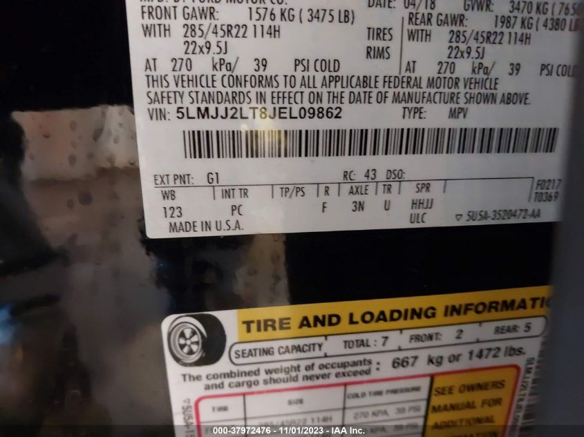 2018 Lincoln Navigator Reserve VIN: 5LMJJ2LT8JEL09862 Lot: 37972476