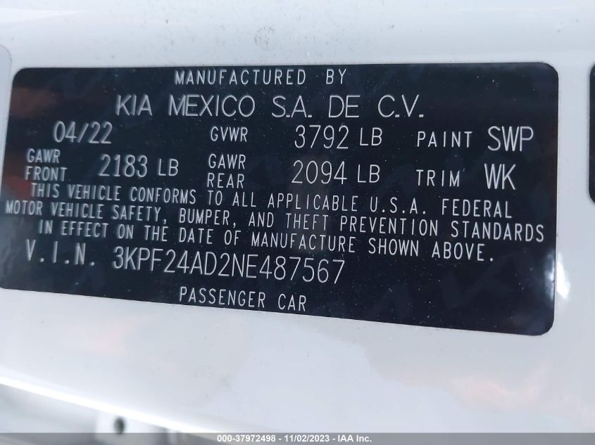 2022 Kia Forte Lxs VIN: 3KPF24AD2NE487567 Lot: 37972498