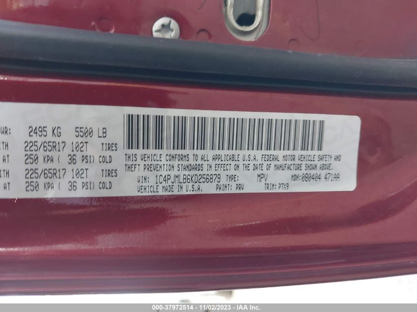 2019 Jeep Cherokee Latitude Plus 4X4 VIN: 1C4PJMLB6KD256879 Lot: 37972514