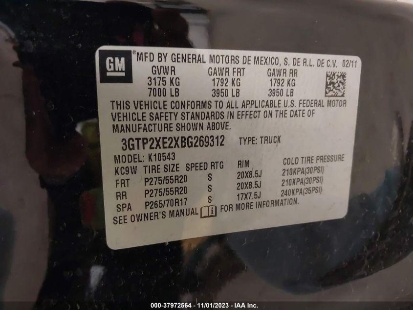 2011 GMC Sierra 1500 Denali VIN: 3GTP2XE2XBG269312 Lot: 37972564