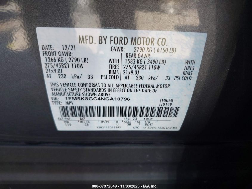 2022 Ford Explorer St VIN: 1FM5K8GC4NGA10796 Lot: 37972649