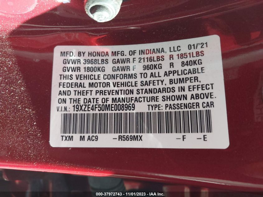 2021 Honda Insight Ex VIN: 19XZE4F50ME008969 Lot: 37972743